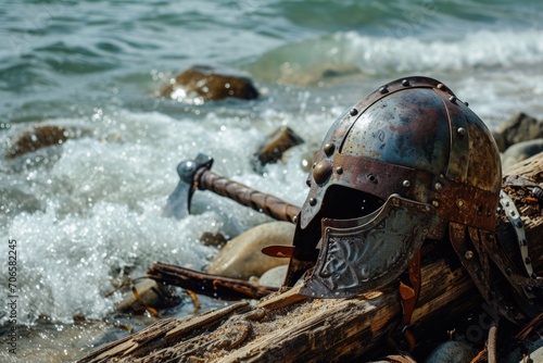 Viking warrior helmet on the beach, sea in the background.