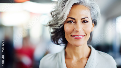 A modern middle-aged financial business woman with flowing gray hair looks at camera and smiles