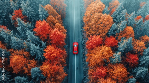 Adventure road trip in the beautiful autumn forest , 