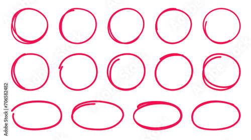 Set of hand drawn red circles and ovals. Highlight circle Scribbled frames. Doodle style Round Decorations. Vector illustration isolated on white background