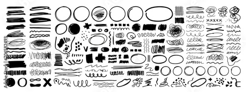 Vector Set of Grungy Black Graphic Elements. Hand drawn Pencil or Marker underlines and strikethrough, scribble emphasis lines, circles, ovals and crosses. All Elements are grouped and isolated. photo