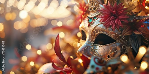 Traditional French Carnival mask close-up on blurred background.