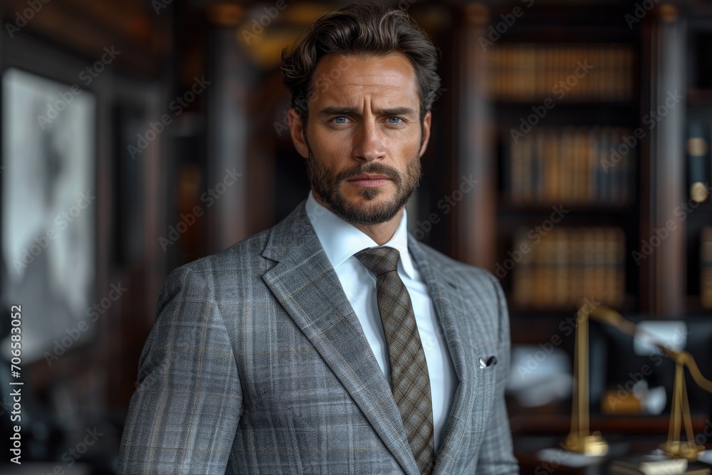 Fototapeta premium A lawyer in a suit against the backdrop of a law office.