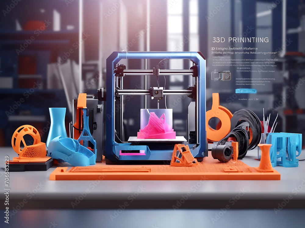 3D printer on workplace of engineer maker with abstract tech schema of additive technologies 3D printer on workplace of engineer maker with abstract tech schema of additive technologies