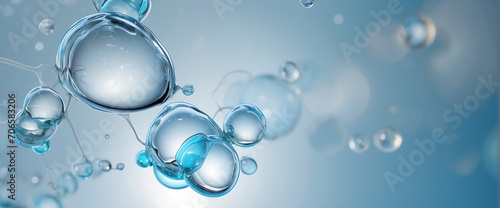 Molecule liquid bubbles floating in air on blue background. H2 Molecular Hydrogen Gas Science and Medical Background