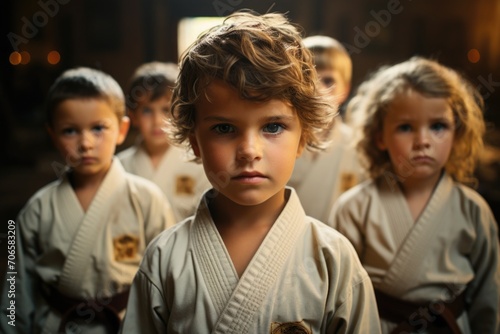 Children's martial arts lesson, five-year-old judokas in a white kimono with a yellow belt. different faces.