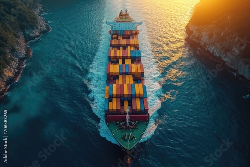 Container ship carrying cargo boxes top view