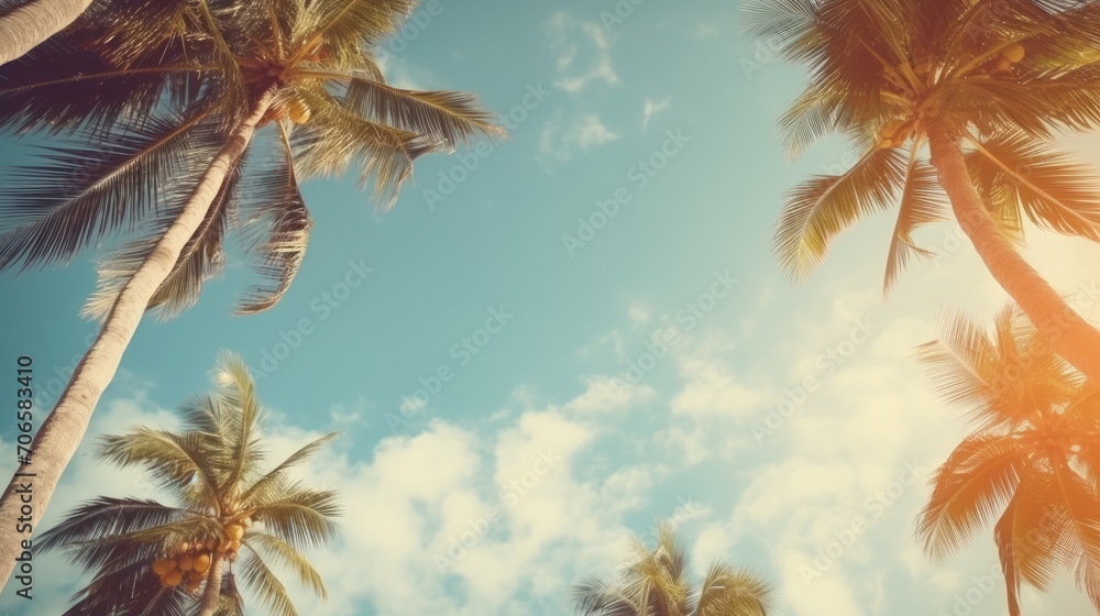 Tall palm trees stretch in the blue sky, vintage style, tropical beach and summer background.