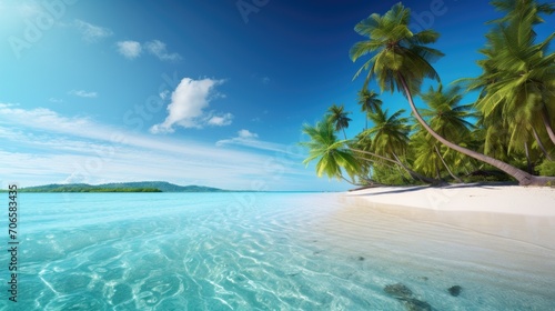 Beautiful beach with palm trees and turquoise sea on a bright sunny day.