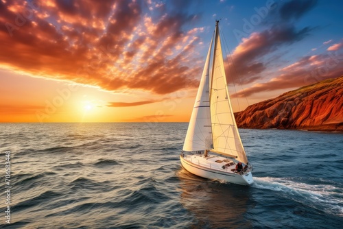 Sailboat on calm sea at beautiful sunset.