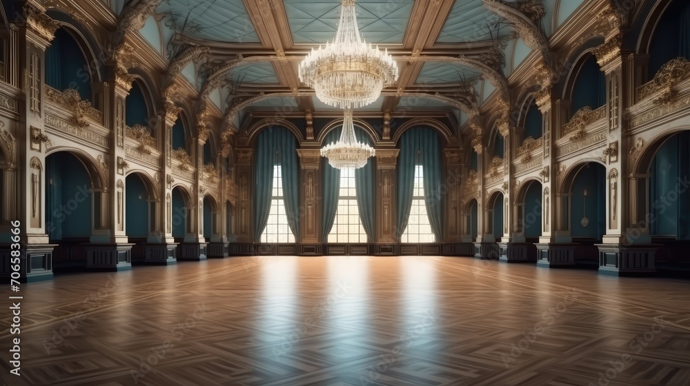 Grand hall with chandeliers, ornate columns, crystal chandelier, large windows, and shiny wooden flooring.