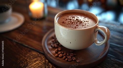 Cup of hot cocoa, brimming with rich chocolate flavor