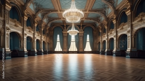 Grand hall with chandeliers  ornate columns  crystal chandelier  large windows  and shiny wooden flooring.