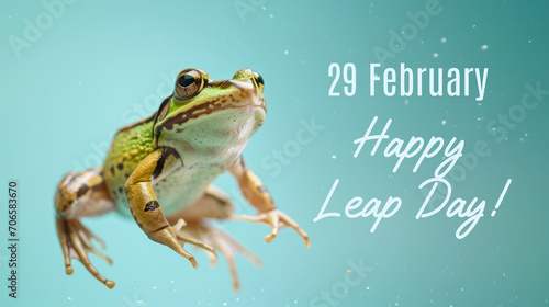 Jumping Green frog on the pastel background. 29 february leap year day concept photo