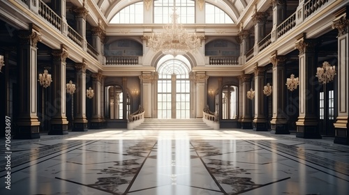 Grand hall with chandeliers  ornate columns  crystal chandelier  large windows  and shiny marble flooring.