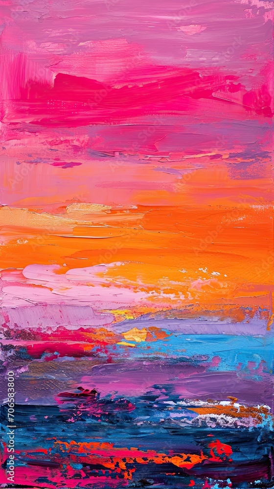 A vibrant, textured oil painting of an abstract sunset, with bold strokes and layers in shades of pink, orange, and purple. Vertically oriented. 