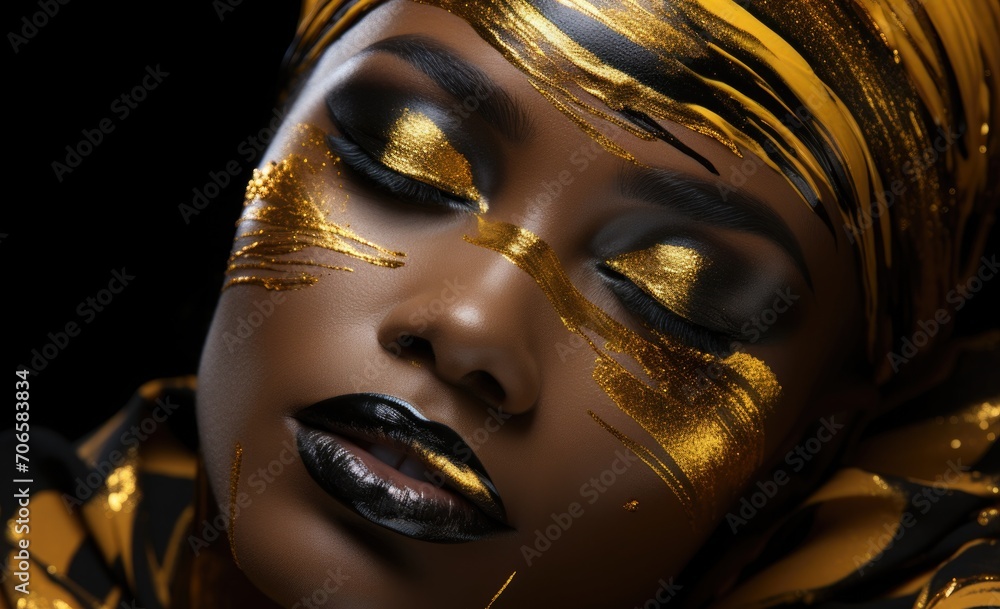 portrait of a dark skinned beautiful woman with gold glitter painted face