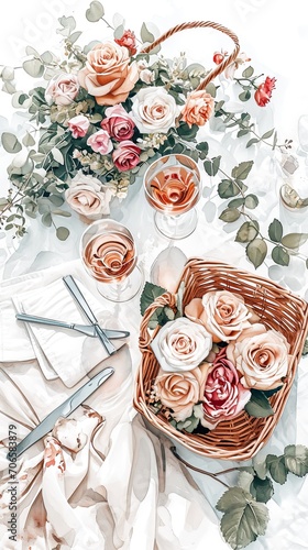 A watercolor flat lay of a romantic picnic, with painted items like a basket, wine glasses and a bouquet of roses. Vertically oriented. 