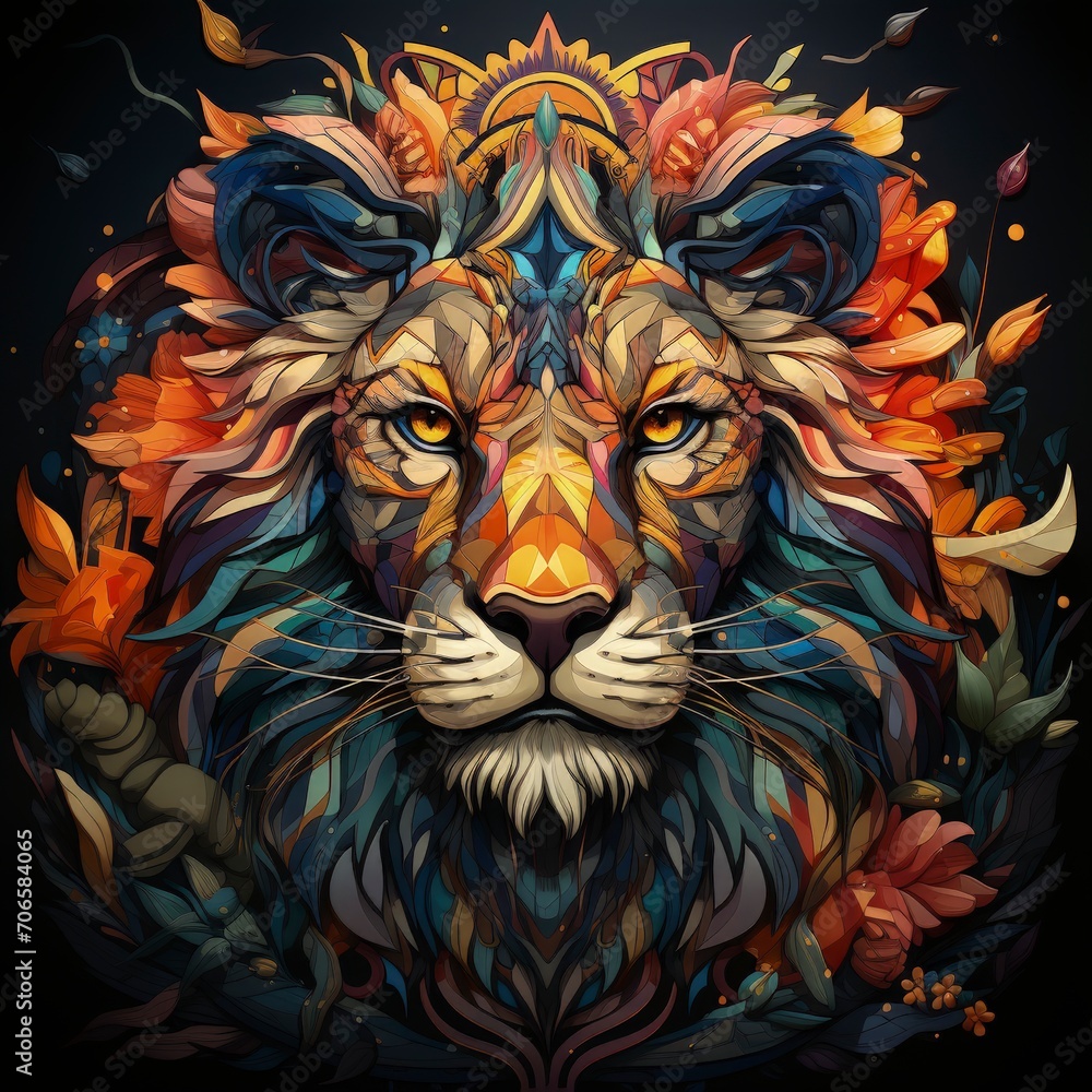 Vibrant Majesty: Artistic Lion Illustration with Colorful, Stylized Mane and Mesmerizing Eyes - Surreal Wildlife Art - AI Generated