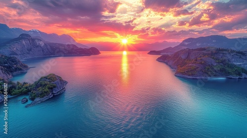 Sea to Sky Highway on Pacific Ocean West Coast. Aerial Panorama. Colorful Sunrise Sky. Located in Howe Sound between Vancouver and Squamish, British Columbia, Canada.