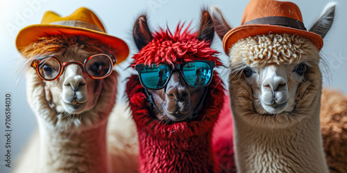 Gruppe positiver Alpakas oder Lamas in verschiedenen Farben, lustige Tiere, die als coole Menschen verkleidet sind photo