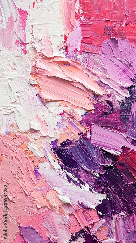 An abstract, textured background created with a palette knife and oil paints in shades of pink, purple, and white. Vertical orientation. 