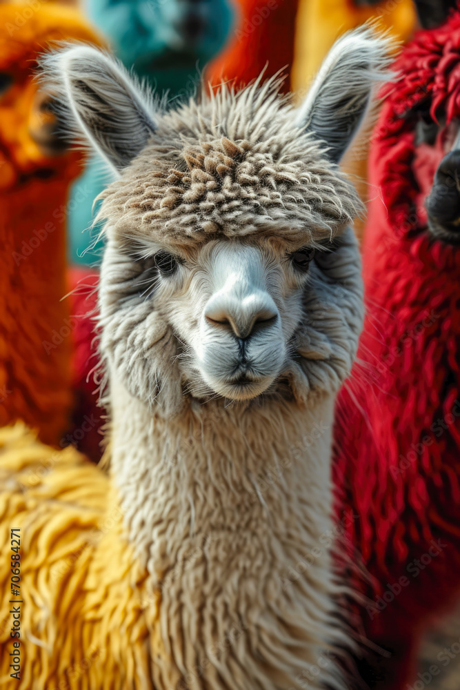 Obraz premium Gruppe positiver Alpakas oder Lamas in verschiedenen Farben, lustige Tiere, die als coole Menschen verkleidet sind