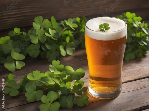 Glass of beer with shamrock details photo