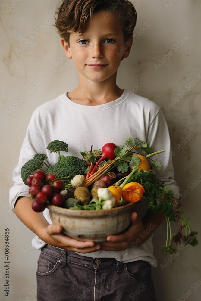 the boy holds vegetables. The concept of healthy children's nutrition the boy holds vegetables. The concept of healthy children's nutrition