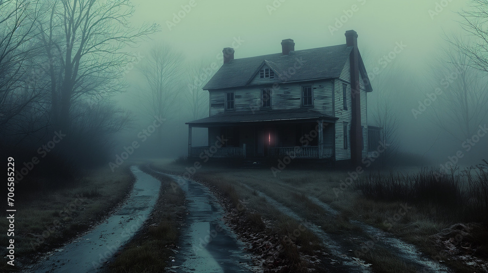 Mysterious Abandoned House Shrouded in Fog on a Chilling Twilight Evening. The haunting silhouette of an old, deserted house emerges from the dense fog. 
