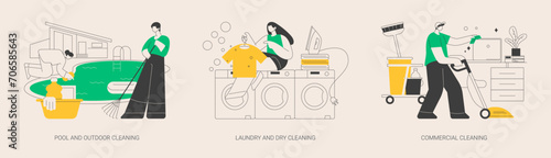 Laundry and cleaning facilities abstract concept vector illustrations.