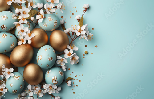 Decorated golden and blue Easter eggs and white spring apple flowers top view on pastel blue background with copy space
