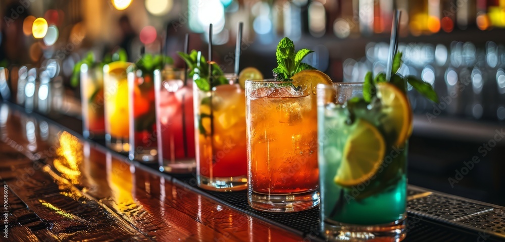 A row of colourful cocktails on a bar counter. A row of colourful cocktails on a bar counter.