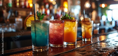 A row of colourful cocktails on a bar counter.