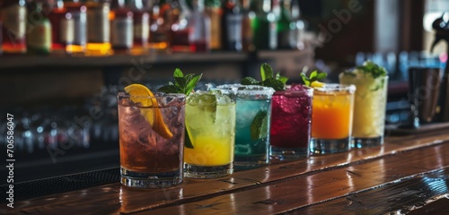 A row of colourful cocktails on a bar counter.