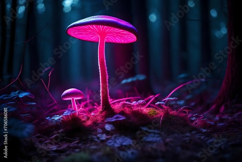 Mysterious neon mushrooms beautifully glowing in a dark forest. Bioluminescent pink mushrooms glow - Enchanted beauty of nature.