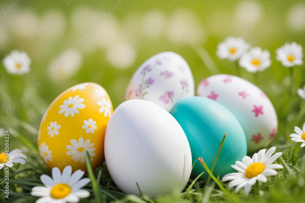 Close-up shot of colorful and white Easter eggs over spring meadow background