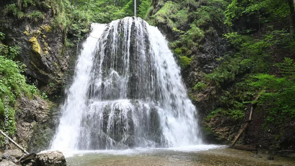 The main waterfall at Josepsthaler Wasserfälle with a lot of water in summer, 28mm focal lenght The main waterfall at Josepsthaler Wasserfälle with a lot of water in summer, 28mm focal lenght
