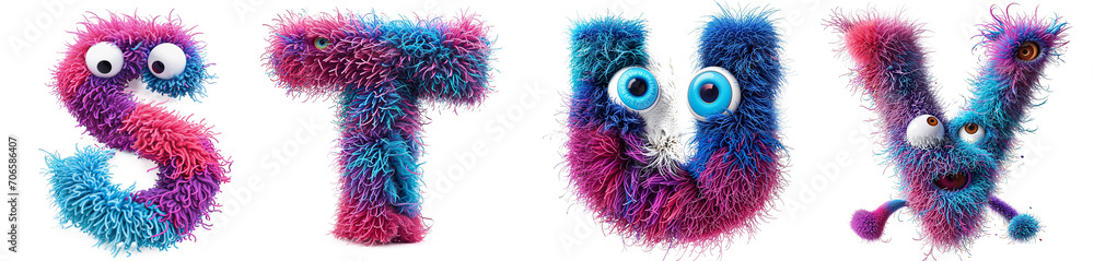 Group of letters furry monsters S, T, U, V Funny fluffy wool alphabet isolated on transparent background - obrazy, fototapety, plakaty 