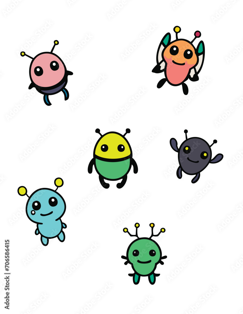 Cute Kawaii style space alien bugs illustrations, minimalist vector icons set, black outline, bold lines, flat icons, smiling characters for kids babies toddlers teachers, kid friendly stickers Cute Kawaii style space alien bugs illustrations, minimalist vector icons set, black outline, bold lines, flat icons, smiling characters for kids babies toddlers teachers, kid friendly stickers