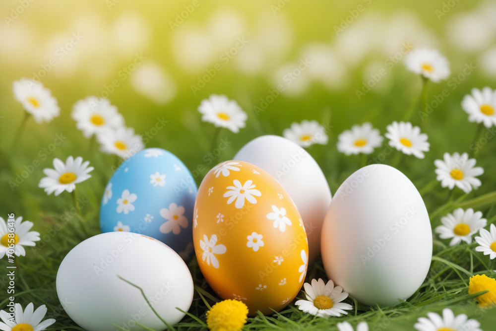 Close-up shot of colorful and white Easter eggs over spring meadow background