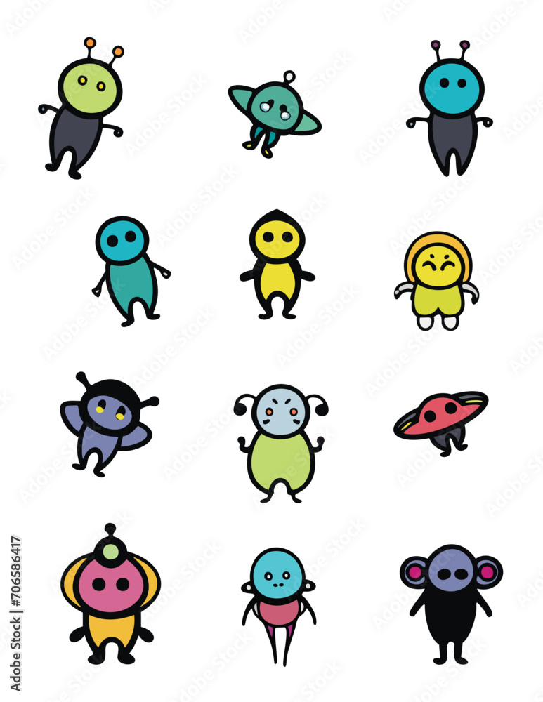 Obraz premium Cute Kawaii style alien space illustrations set, colorful minimalist vector icons, black outline, bold lines, flat icons, smiling characters for kids babies toddlers, kid friendly sticker collection