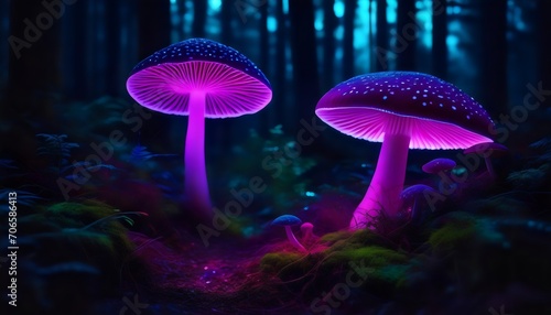 Mysterious neon mushrooms beautifully glowing in a dark forest. Bioluminescent pink mushrooms glow - Enchanted beauty of nature.