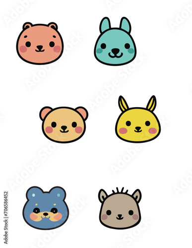 Cute Kawaii style animal face illustrations set, colorful minimalist vector icons, black outline, bold lines, flat icons, smiling characters for kids babies toddlers teachers, kid friendly stickers