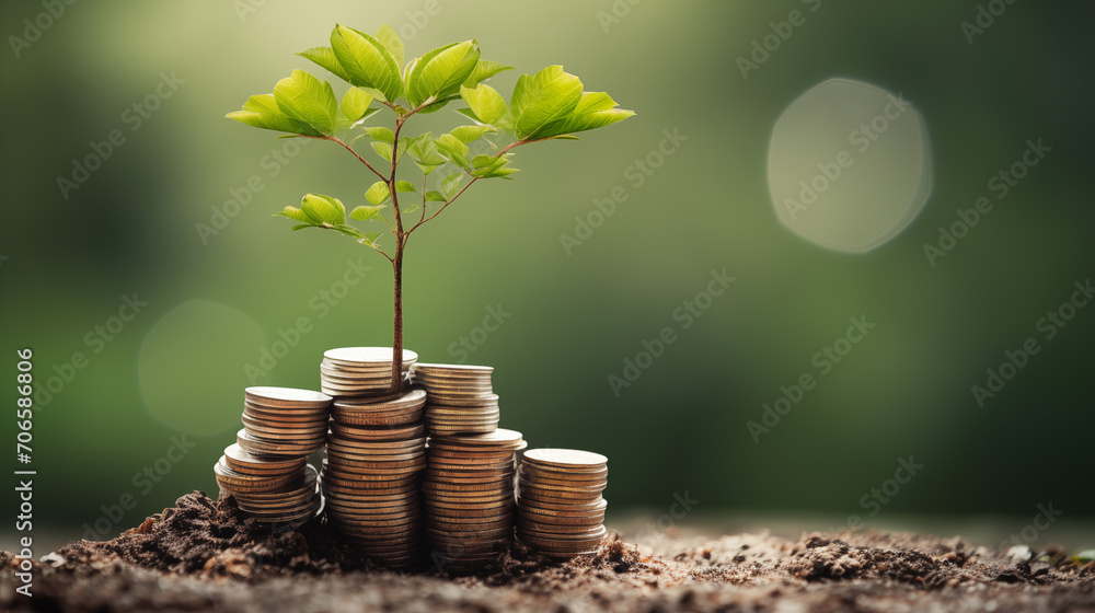 Trees growing on coins. Money saving and deposit growth from investment profit. Financial banking concept. - obrazy, fototapety, plakaty 