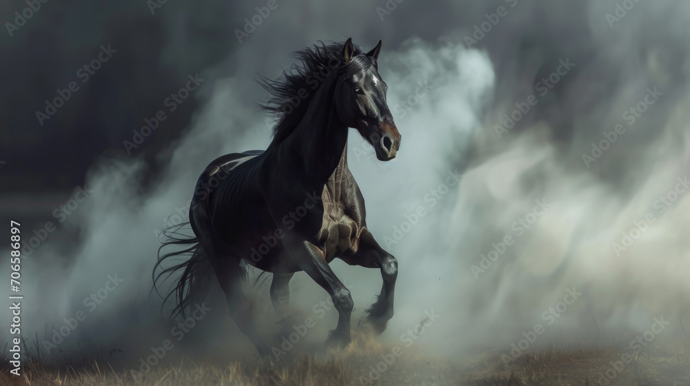 Beautiful horse galloping, running stallion poster idea - obrazy, fototapety, plakaty 