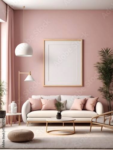 Frame mockup  ISO A paper size. Living room wall poster mockup. Interior mockup with house background. Modern interior design. 3D render