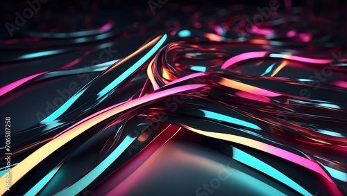 3d render. Abstract background of neon ribbon. Fluorescent ines glowing in the dark room with floor reflection. Fantastic panoramic wallpaper. Digital data transfer. Energy concept photo