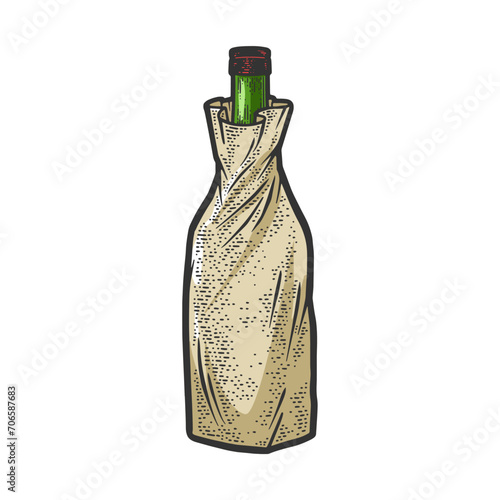 Alcohol bottle in paper bag sketch hand drawn color engraving vector illustration. T-shirt apparel print design. Scratch board imitation. Black and white hand drawn image.