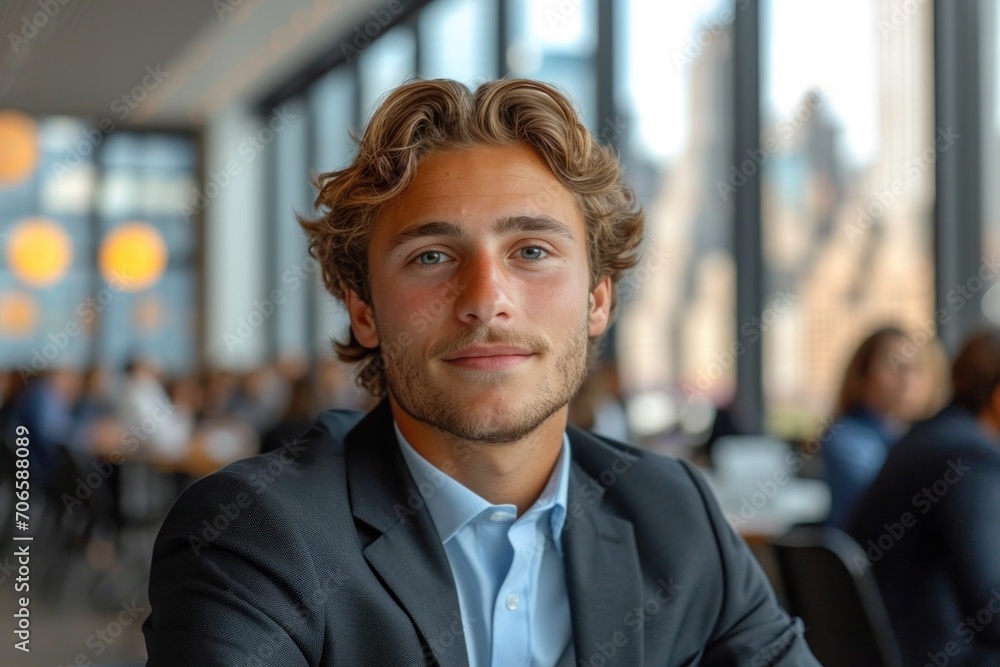 Confident and happy young businessman in a stylish suit, against a modern office background. Confident and happy young businessman in a stylish suit, against a modern office background.